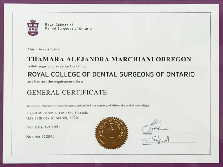 Royal College of Dental Surgeons of Ontario | Dr. Thamara Marchiani | Paisley Dental